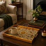 Sun Mandala Persian Heritage Glass Serving Tray – Gold Lion glass serving tray shown in a second styled room scene.