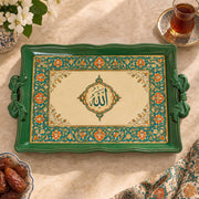 Sage green tray with gold trim featuring calligraphy framed by sage green florals and slim vines