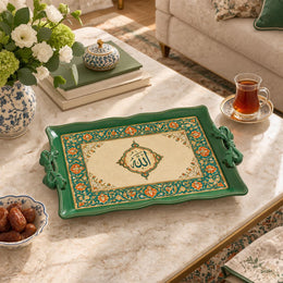 Sage green tray with gold trim featuring calligraphy framed by sage green florals and slim vines