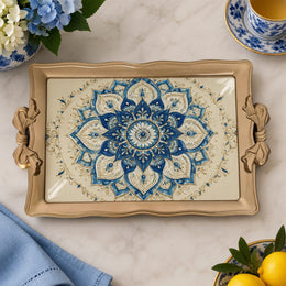 Ramadan & Eid Vintage Handle Tray – Blue Medallion Cream Ground - MintiHome