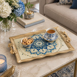 Ramadan & Eid Vintage Handle Tray – Blue Medallion Cream Ground - MintiHome
