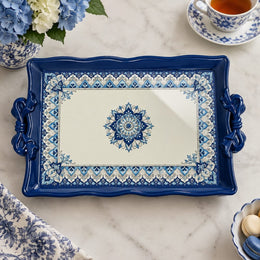 Ramadan & Eid Vintage Handle Tray – Navy Mandala Boteh Border - MintiHome