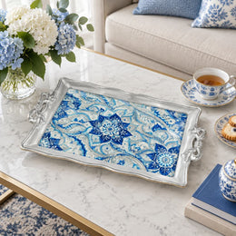 Ramadan & Eid Vintage Handle Tray – Blue White Azulejo Allover - MintiHome