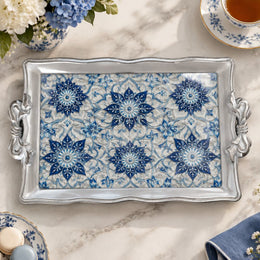 Ramadan & Eid Vintage Handle Tray – Blue White Star Flower Tile - MintiHome