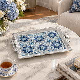 Ramadan & Eid Vintage Handle Tray – Blue White Star Flower Tile - MintiHome