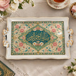 Ramadan & Eid Vintage Handle Tray – Teal Calligraphy Medallion - MintiHome