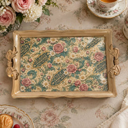 Ramadan & Eid Vintage Handle Tray – Teal Calligraphy Rose Allover - MintiHome