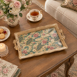 Ramadan & Eid Vintage Handle Tray – Teal Calligraphy Rose Allover - MintiHome
