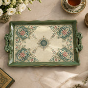 Ramadan & Eid Vintage Handle Tray – Cream Floral Tile Medallion Grid - MintiHome