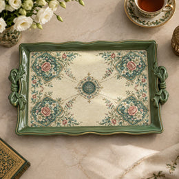 Ramadan & Eid Vintage Handle Tray – Cream Floral Tile Medallion Grid - MintiHome