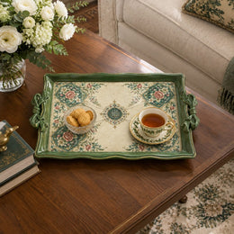Ramadan & Eid Vintage Handle Tray – Cream Floral Tile Medallion Grid - MintiHome