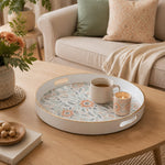 Vintage Damask Plastic Serving Tray – Orange Medallion plastic serving tray shown in a round styled scene.