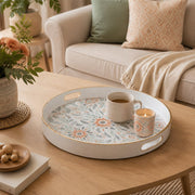 Vintage Damask Plastic Serving Tray – Orange Medallion plastic serving tray shown in a round styled scene.