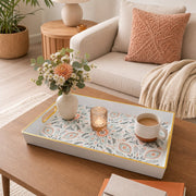 Vintage Damask Plastic Serving Tray – Orange Medallion plastic serving tray shown in a rectangular styled scene.