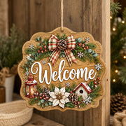 Christmas Welcome Bow Poinsettia Hanging Sign – Plaid Pinecone - MintiHome