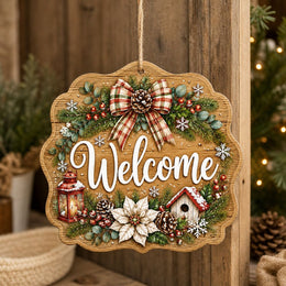 Christmas Welcome Bow Poinsettia Hanging Sign – Plaid Pinecone - MintiHome