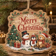 Christmas Snowman Penguin Bear Wood Sign – Sled Winter Scene - MintiHome