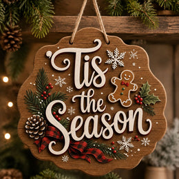 Christmas Tis the Season Wood Hanging Sign – Gingerbread Bow - MintiHome