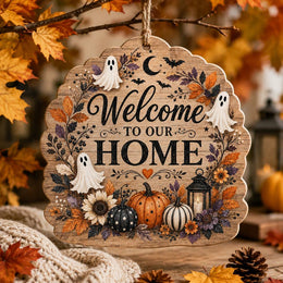 Welcome to Our Home Halloween Wood Sign – Ghost Sunflower - MintiHome