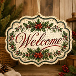 Vintage Christmas Welcome Wooden Sign with Holly and Red Berries - MintiHome