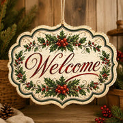 Vintage Christmas Welcome Wooden Sign with Holly and Red Berries - MintiHome