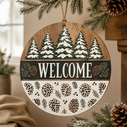 Round Christmas Welcome Wooden Sign with Pine Trees and Pinecones - MintiHome