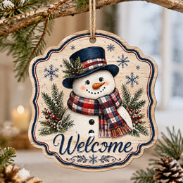 Snowman in Plaid Scarf Welcome Wooden Sign with Blue Snowflakes - MintiHome