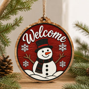 Cartoon Snowman Welcome Wooden Sign with Red Background - MintiHome