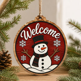 Cartoon Snowman Welcome Wooden Sign with Red Background - MintiHome