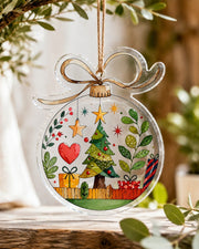Christmas Tree Scene Acrylic Ornament Sign with Heart and Gifts - MintiHome