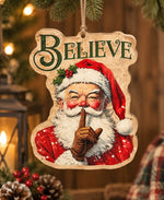 Christmas MDF Wood Hanging Wall Decor – Believe Santa hanging wall decor with printed artwork and cut silhouette.