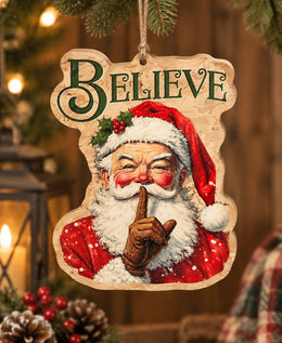 Christmas MDF Wood Hanging Wall Decor – Believe Santa hanging wall decor with printed artwork and cut silhouette.