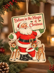 Christmas MDF Wood Hanging Wall Decor – Believe In The Magic hanging wall decor with printed artwork and cut silhouette.