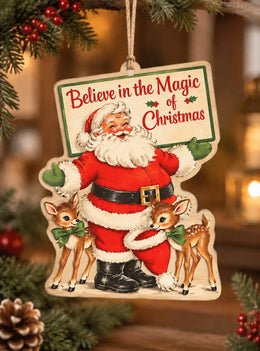 Christmas MDF Wood Hanging Wall Decor – Believe In The Magic hanging wall decor with printed artwork and cut silhouette.