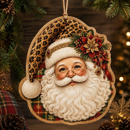 Christmas MDF Wood Hanging Wall Decor – Leopard Hat Santa hanging wall decor with printed artwork and cut silhouette.
