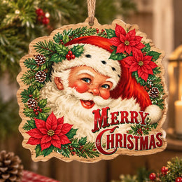 Christmas MDF Wood Hanging Wall Decor – Santa Poinsettia Wreath hanging wall decor with printed artwork and cut silhouette.