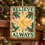 Christmas MDF Wood Hanging Wall Decor – Believe Always Star hanging wall decor with printed artwork and cut silhouette.