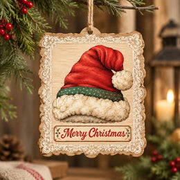 Christmas MDF Wood Hanging Wall Decor – Santa Hat Lace hanging wall decor with printed artwork and cut silhouette.