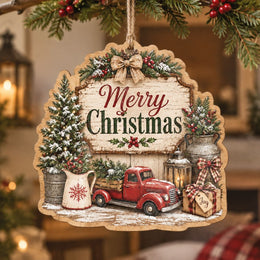 Christmas MDF Wood Hanging Wall Decor – Vintage Red Truck hanging wall decor with printed artwork and cut silhouette.