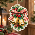Christmas MDF Wood Hanging Wall Decor – Gingham Bow Bell Duo hanging wall decor with printed artwork and cut silhouette.