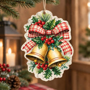 Christmas MDF Wood Hanging Wall Decor – Gingham Bow Bell Duo hanging wall decor with printed artwork and cut silhouette.