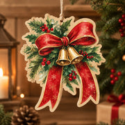 Christmas MDF Wood Hanging Wall Decor – Snowflake Ribbon Bells hanging wall decor with printed artwork and cut silhouette.