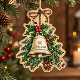 Christmas MDF Wood Hanging Wall Decor – Rustic Holly Bell hanging wall decor with printed artwork and cut silhouette.