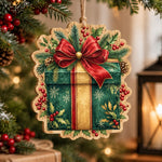 Christmas MDF Wood Hanging Wall Decor – Ribbon Wrap Gift Box hanging wall decor with printed artwork and cut silhouette.
