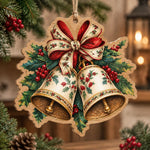 Christmas MDF Wood Hanging Wall Decor – Holly Print Bell Duo hanging wall decor with printed artwork and cut silhouette.