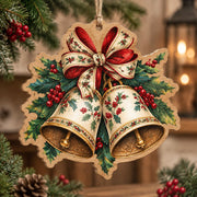 Christmas MDF Wood Hanging Wall Decor – Holly Print Bell Duo hanging wall decor with printed artwork and cut silhouette.
