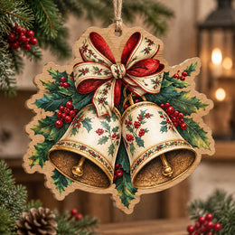 Christmas MDF Wood Hanging Wall Decor – Holly Print Bell Duo hanging wall decor with printed artwork and cut silhouette.