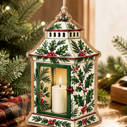 Christmas MDF Wood Hanging Wall Decor – Holly Lantern Cutout hanging wall decor with printed artwork and cut silhouette.
