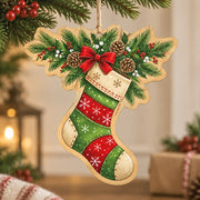 Christmas MDF Wood Hanging Wall Decor – Snowflake Christmas Stocking hanging wall decor with printed artwork and cut silhouette.