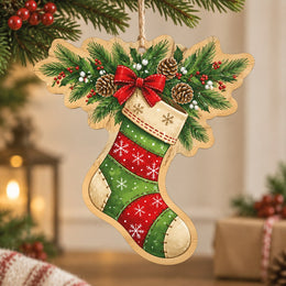 Christmas MDF Wood Hanging Wall Decor – Snowflake Christmas Stocking hanging wall decor with printed artwork and cut silhouette.